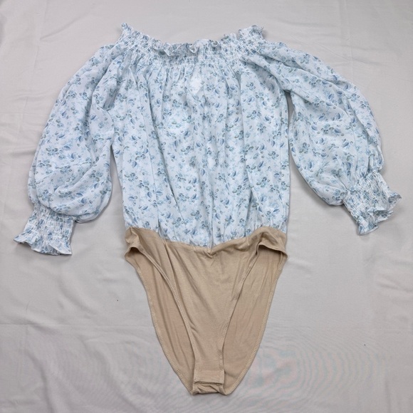 Wayf Tops - Wayf Blue and White off shoulder Top w/bodysuit